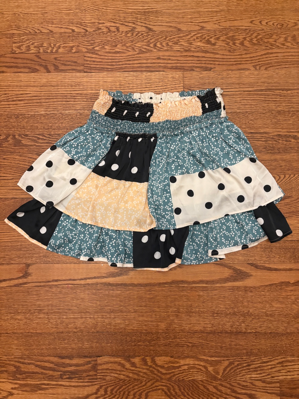 Skies Are Blue Tiered Patchwork Mini Skirt in Teal, Black, Cream & Yellow